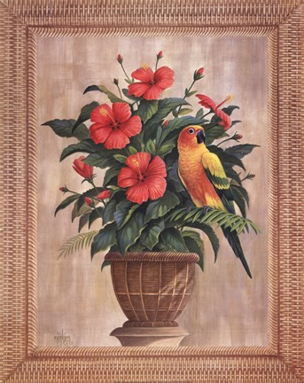Framed Hibiscus with Parrot Print