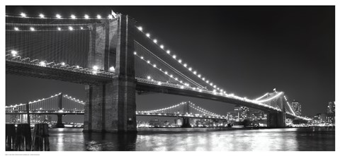 Framed Brooklyn Bridge and Manhattan Bridge at Night Print