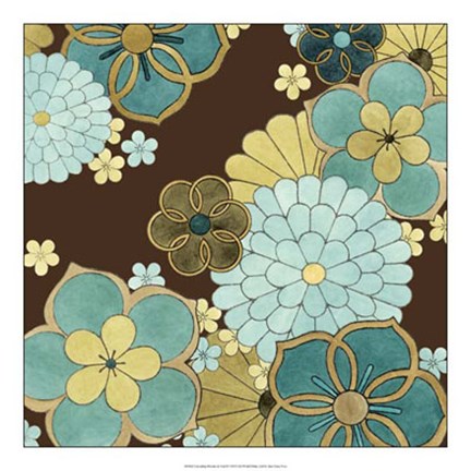 Framed Cascading Blooms in Teal II Print