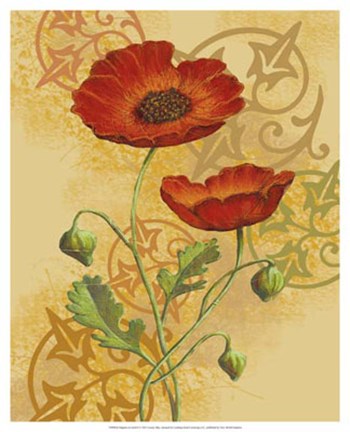 Framed Poppies on Gold II Print