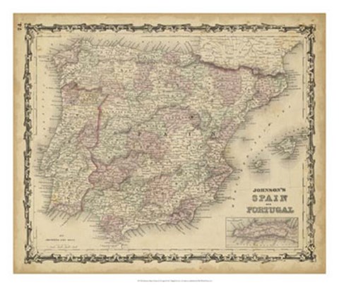 Framed Johnson&#39;s Map of Spain &amp; Portugal Print