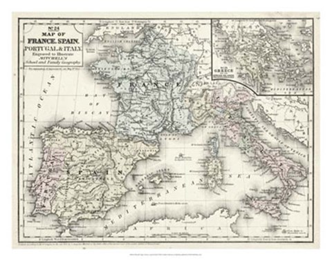 Framed Map of France, Spain &amp; Italy Print
