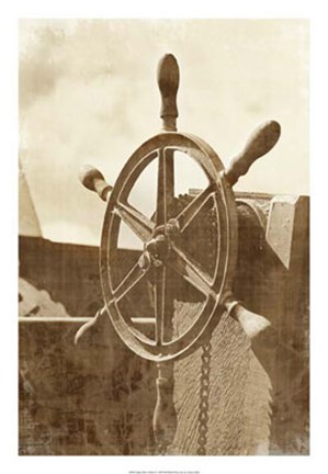 Framed Sepia Ship&#39;s Wheel I Print