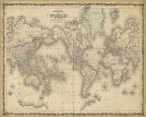 Framed Johnson&#39;s Map of the World Print