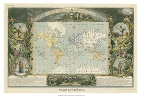 Framed 1885 Planisphere of the World Print