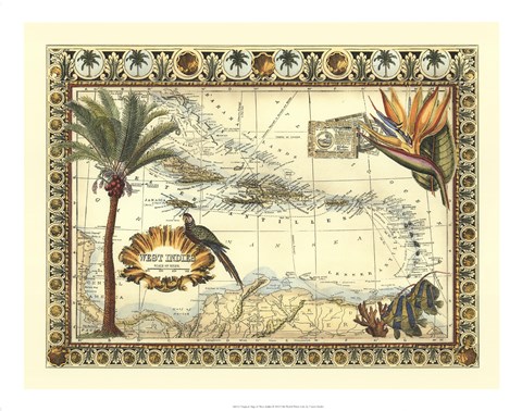 Framed Tropical Map of West Indies Print