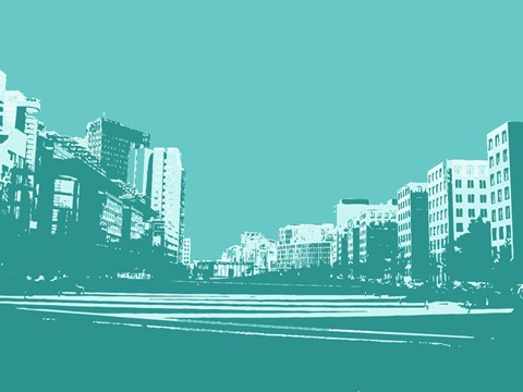 Framed City Block on Blue Print