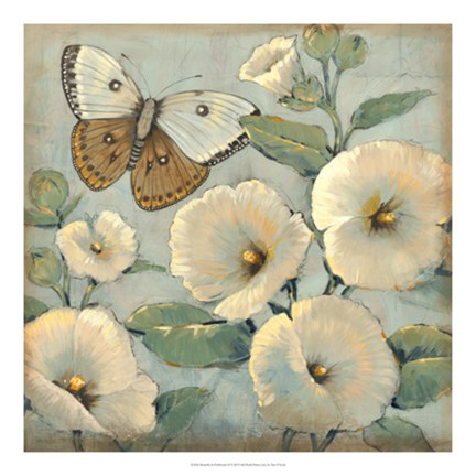Framed Butterfly &amp; Hollyhocks II Print