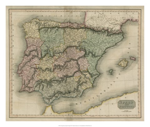 Framed Vintage Map of Spain &amp; Portugal Print