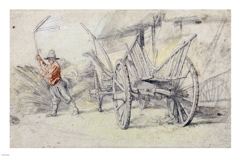 Framed Man Threshing Beside a Wagon Print