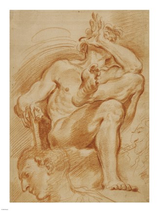 Framed Seated Nude Man, A Youthful Head, and a Caricature Head of a Man Playing a Pipe Print