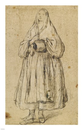 Framed Standing Woman Holding a Muff and Shawl Print