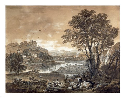 Framed Landscape with Shepherds Resting Under a Tree by a Cascade Print