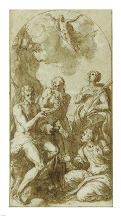 Framed Christ the Savior above Saints John the Baptist, Jerome, Catherine, and Thomas Print
