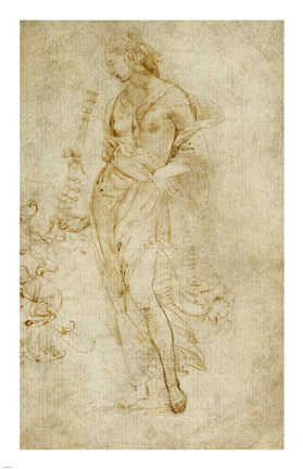 Framed Female Figure with a Tibia, and Ornamental Studies Print