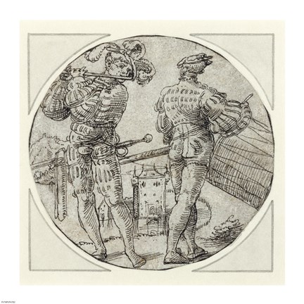 Framed Flutist and Drummer Before a Moated Castle Print