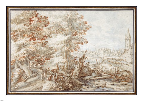 Framed Wooded Landscape with Travelers by a Stream, a Town Beyond Print