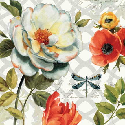 Framed Floral Story II on Grey Print