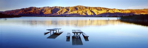 Framed Picnic tables in the lake, Diaz Recreation Area Lake, Lone Pine, California, USA Print