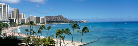 Framed Buildings On The Beach, Waikiki Beach, Honolulu, Oahu, Hawaii, USA Print