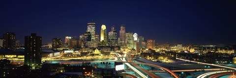 Framed Buildings lit up at night in a city, Minneapolis, Hennepin County, Minnesota, USA Print