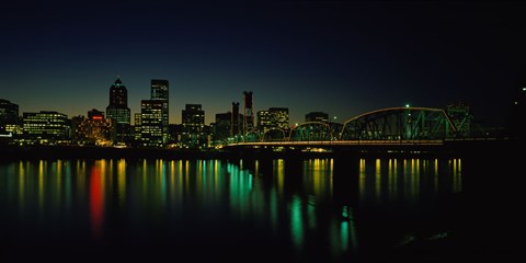 Framed Buildings lit up at night, Willamette River, Portland, Oregon, USA Print