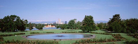 Framed Formal garden in City Park with city and Mount Evans in background, Denver, Colorado, USA Print