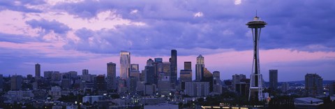 Framed Seattle Skyline with Purple Sky and Clouds Print