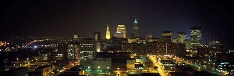 Framed Aerial view of a city lit up at night, Cleveland, Ohio, USA Print