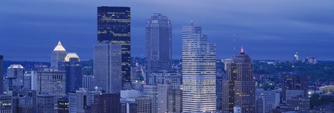 Framed High angle view of skyscrapers lit up at dusk, Pittsburgh, Pennsylvania, USA Print
