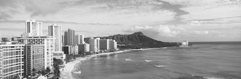 Framed Diamond Head, Waikiki, Oahu, Honolulu, Hawaii (black &amp; white) Print