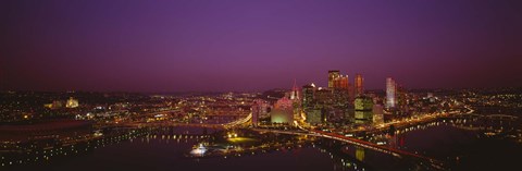 Framed High angle view of buildings lit up at night, Three Rivers Stadium, Pittsburgh, Pennsylvania, USA Print