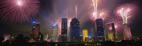 Framed Fireworks Over Buildings In Houston, Texas Print
