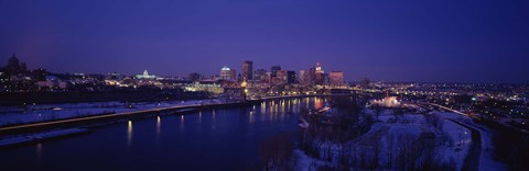 Framed Reflection of buildings in a river at night, Mississippi River, Minneapolis and St Paul, Minnesota, USA Print