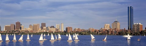 Framed View of boats on a river by a city, Charles River,  Boston Print