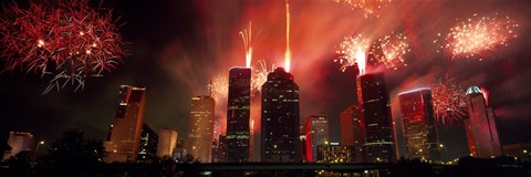 Framed Fireworks over buildings in a city, Houston, Texas Print