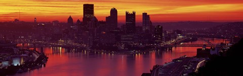 Framed Silhouette of buildings at dawn, Three Rivers Stadium, Pittsburgh, Allegheny County, Pennsylvania, USA Print
