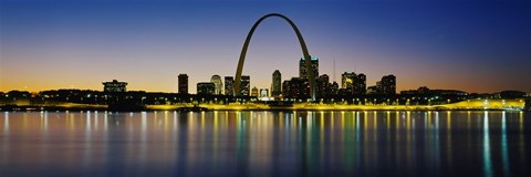 Framed City lit up at night, Gateway Arch, Mississippi River, St. Louis, Missouri Print