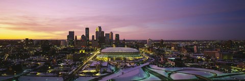 Framed Skyscrapers lit up at sunset, Minneapolis, Minnesota, USA Print