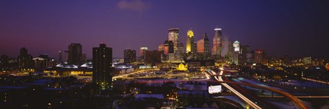 Framed Skyscrapers lit up at dusk, Minneapolis, Minnesota, USA Print