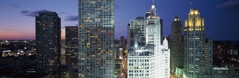 Framed Skyscraper lit up at night in a city, Chicago, Illinois, USA Print