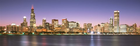 Framed Skyscrapers lit up at night at the waterfront, Lake Michigan, Chicago, Cook County, Illinois, USA Print