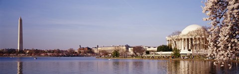Framed USA, Washington DC, Washington Monument and Jefferson Memorial, Tourists outside the memorial Print