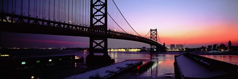Framed Suspension bridge across a river, Ben Franklin Bridge, Philadelphia, Pennsylvania, USA Print