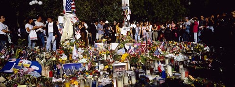 Framed Group of people standing in front of offerings at a memorial, New York City, New York State, USA Print