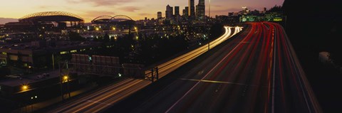 Framed Aerial view at dusk, Seattle, Washington State, USA Print