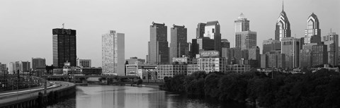Framed River passing through a city in black and white, Philadelphia, Pennsylvania Print
