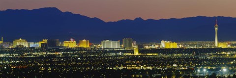 Framed Aerial View Of Buildings Lit Up At Dusk, Las Vegas, Nevada, USA Print