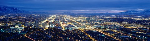 Framed Aerial view of a city lit up at dusk, Salt Lake City, Utah, USA Print