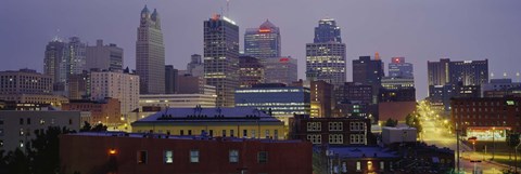 Framed Buildings lit up at dusk, Kansas City, Missouri, USA Print